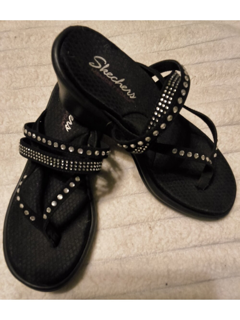 Skechers Black Wedge Sandals with Rhinestone Details